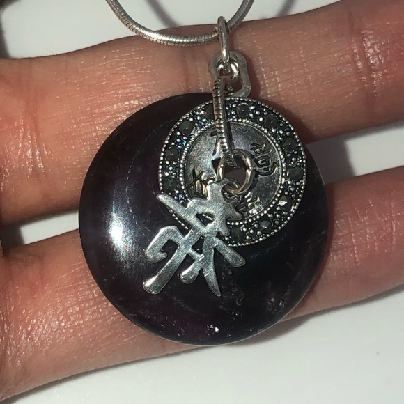 Vtg Sterling Amethyst Marcasite Chinese Luck Fortune Pendant & Chain 15” & 1.1” - Picture 7 of 10